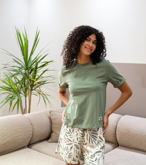 Women summer pajama set Olive Tee + Green Leaves shorts